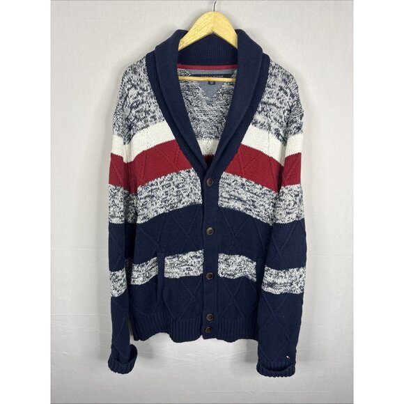 Tommy Hilfiger Shawl Collar Knit Cardigan Navy Red White Striped Men’s XL - Picture 1 of 8